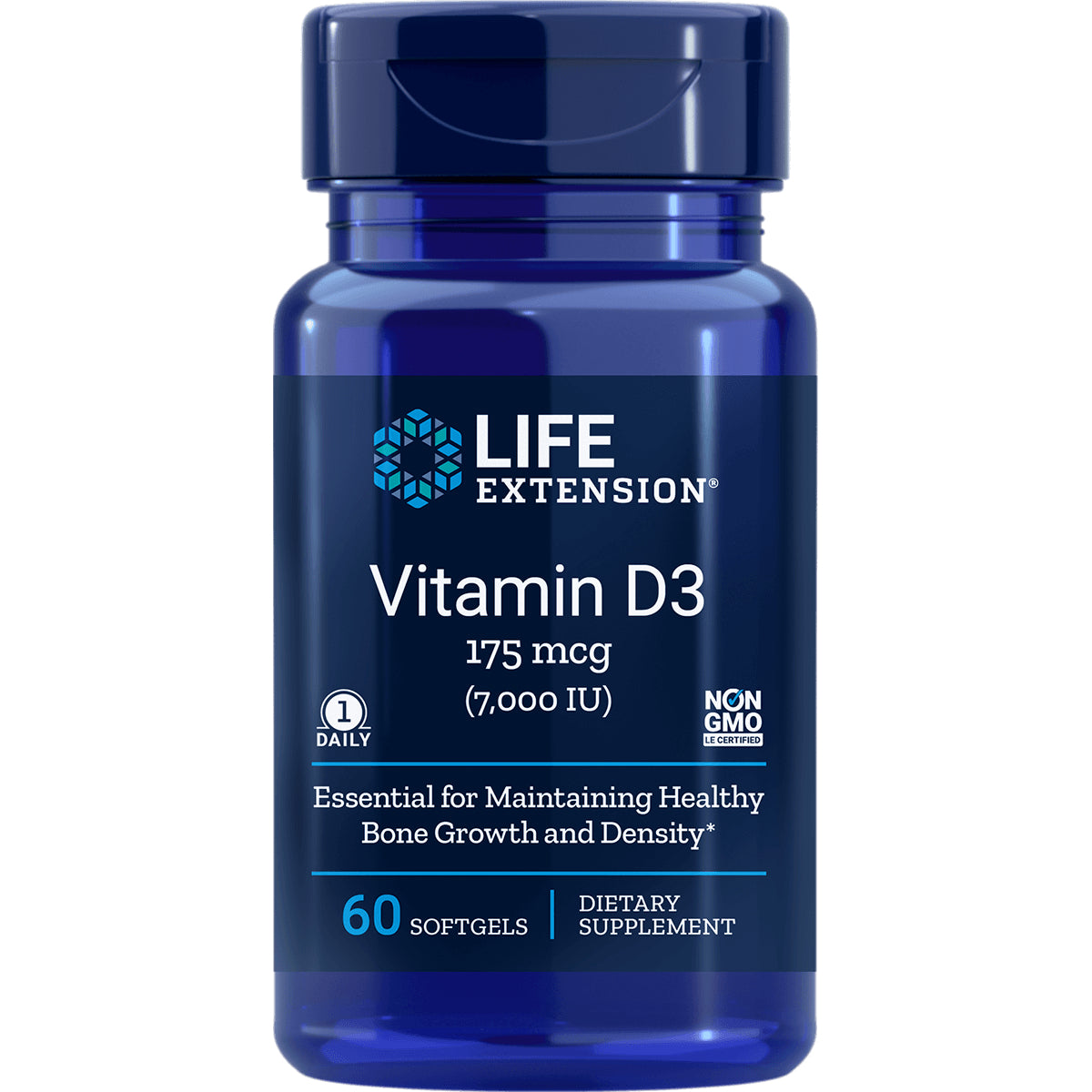 LE205 | Life Extension Vitamin D3 175 mcg (7,000 IU) bottle, 60 softgels dietary supplement
