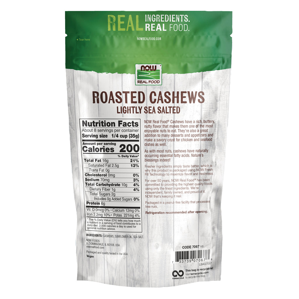 NWF1418 | Back of NOW Real Food roasted cashews lightly sea salted bag showing Nutrition Facts panel and barcode - Thumbnail