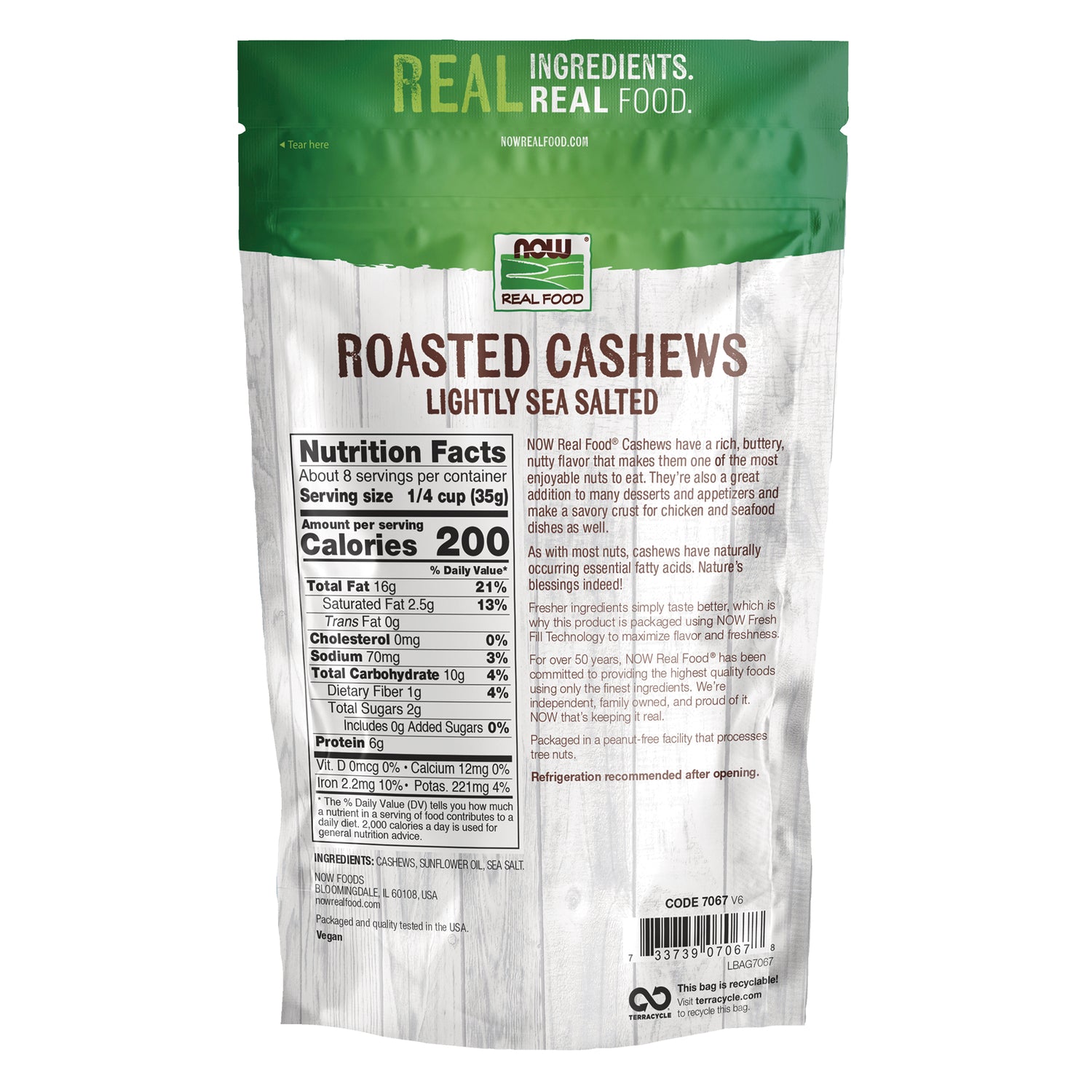NWF1418 | Back of NOW Real Food roasted cashews lightly sea salted bag showing Nutrition Facts panel and barcode