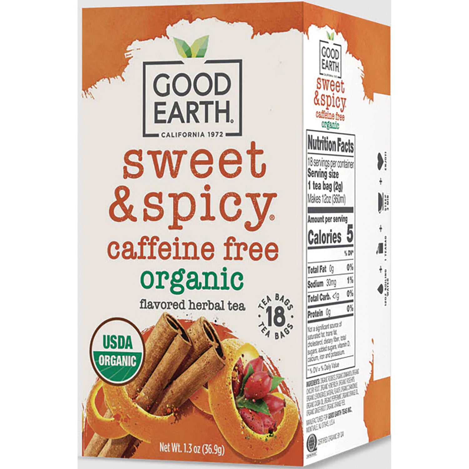 GET019 | Good Earth Sweet & Spicy caffeine free organic herbal tea box front showing cinnamon sticks and orange peel