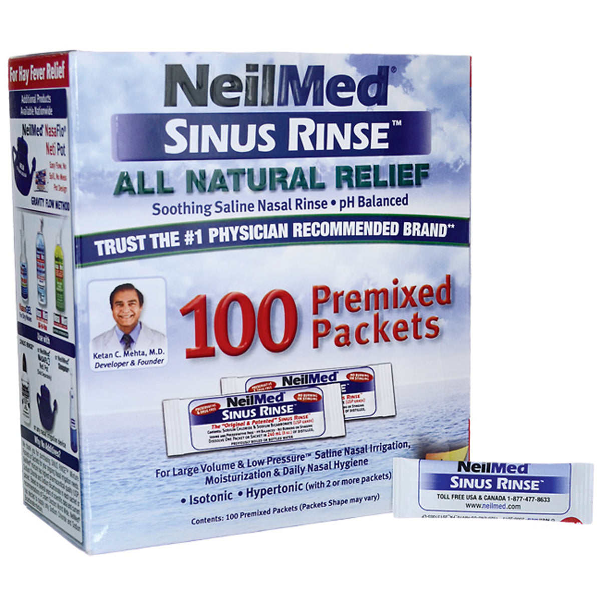 NMD010 | NeilMed Sinus Rinse box showing 100 premixed packets front packaging