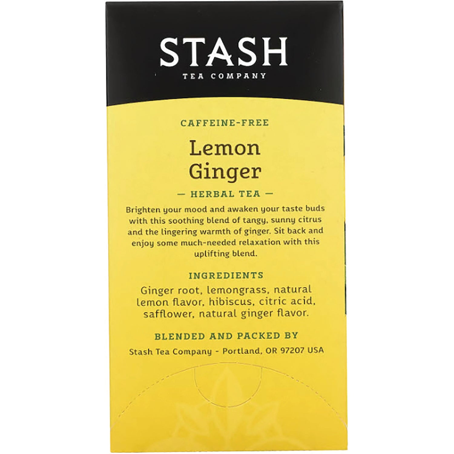 STH004 | Stash Lemon Ginger herbal tea back with Caffeine-Free label and Ingredients: ginger root, lemongrass, hibiscus