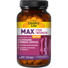 CRL289 | Country Life MAX for Women multivitamin bottle, iron free, 120 vegetarian capsules