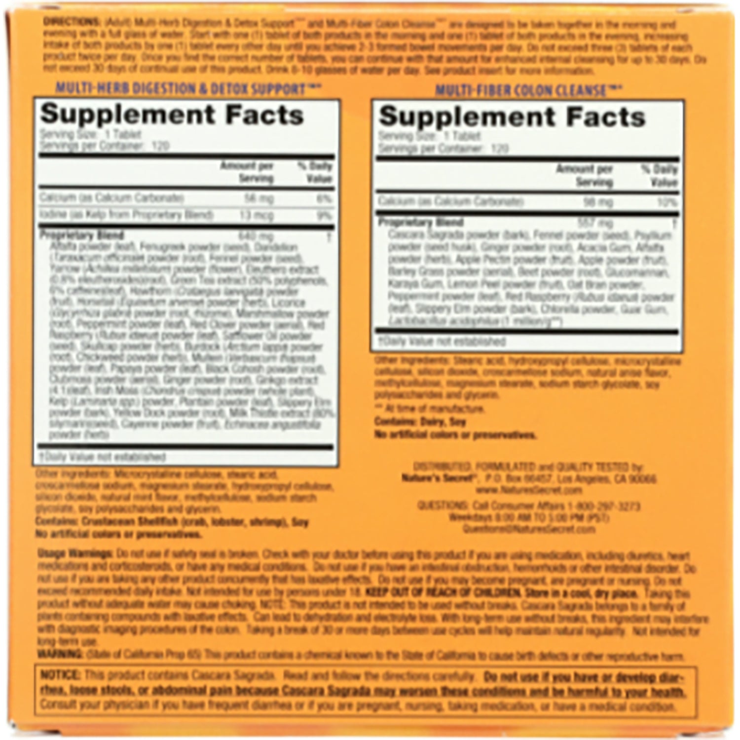 NTS01 | back of orange supplement box showing two Supplement Facts panels and ingredient and warning text