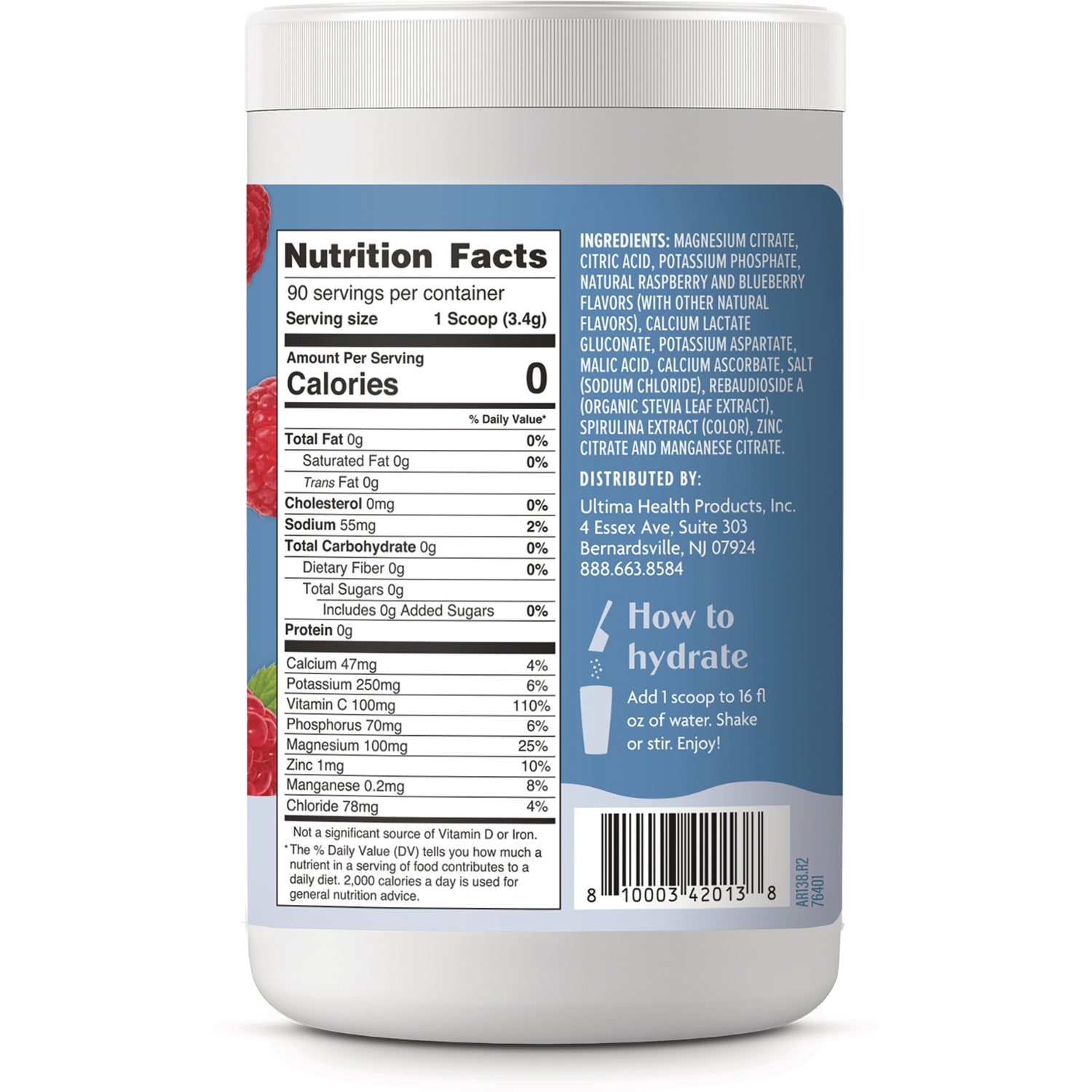 UHP030 | Back label with Nutrition Facts, ingredients, and How to hydrate: Add 1 scoop to 16 fl oz of water