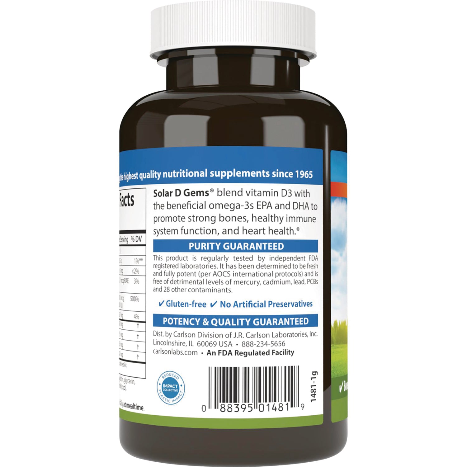 CSN027 | back label of brown supplement bottle showing PURITY GUARANTEED, potency and quality statements, and barcode