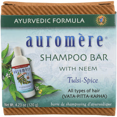 AUR033 | Auromre Shampoo Bar Tulsi-Spice with Neem packaging front showing bottle and neem leaves