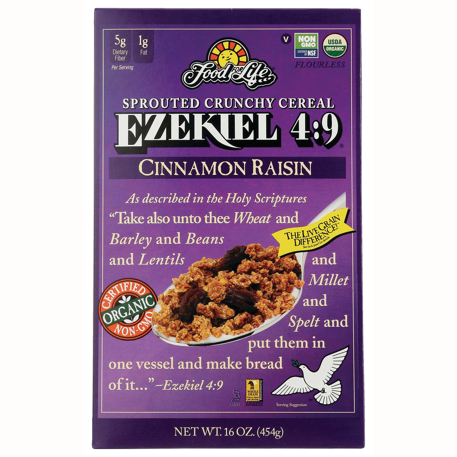 FFL002 | Purple Ezekiel 4:9 Cinnamon Raisin sprouted crunchy cereal box front showing bowl of cereal and certified organic badge