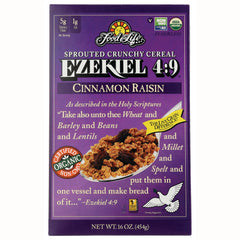 FFL002 | Purple Ezekiel 4:9 Cinnamon Raisin sprouted crunchy cereal box front showing bowl of cereal and certified organic badge