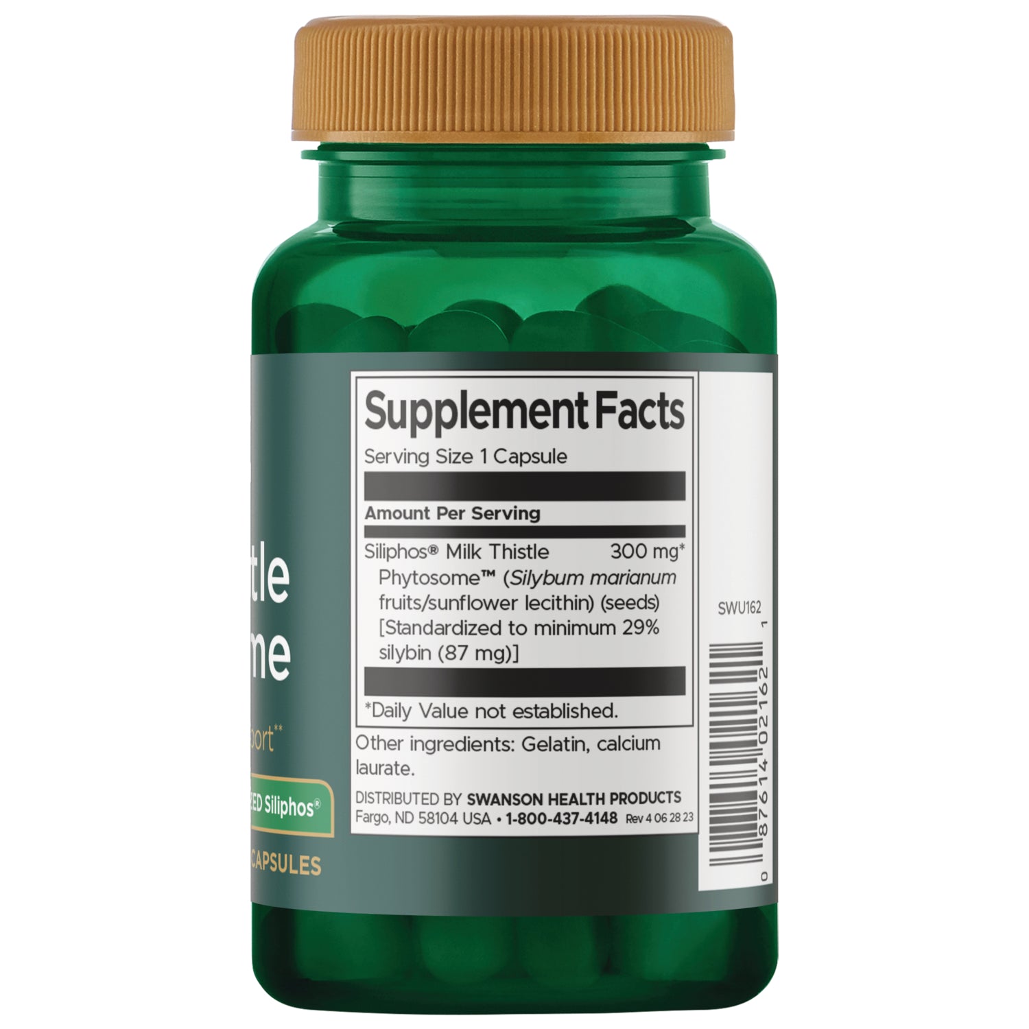 SWU162 | Back label with Supplement Facts panel, serving size 1 capsule, Siliphos Milk Thistle 300 mg