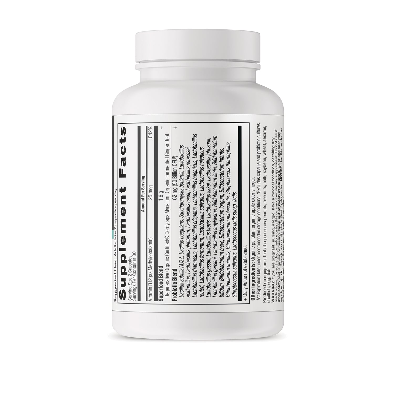 Supplement Facts label on the back of a white supplement bottle showing ingredient and nutrition facts text