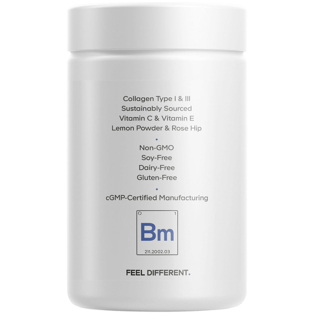 CDG027 | Back label of white supplement jar listing Collagen Type I & III, Non-GMO, soy-free, dairy-free, gluten-free - Thumbnail