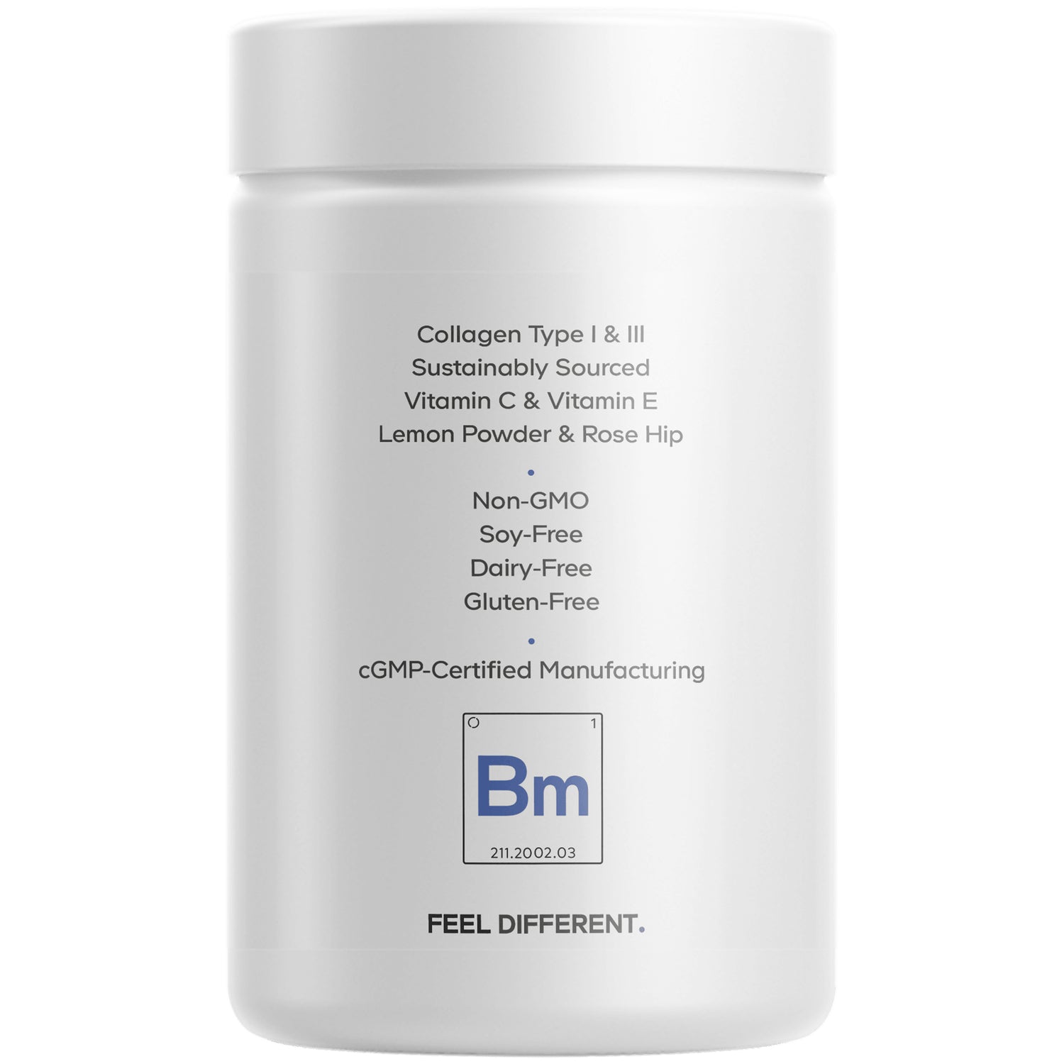 CDG027 | Back label of white supplement jar listing Collagen Type I & III, Non-GMO, soy-free, dairy-free, gluten-free