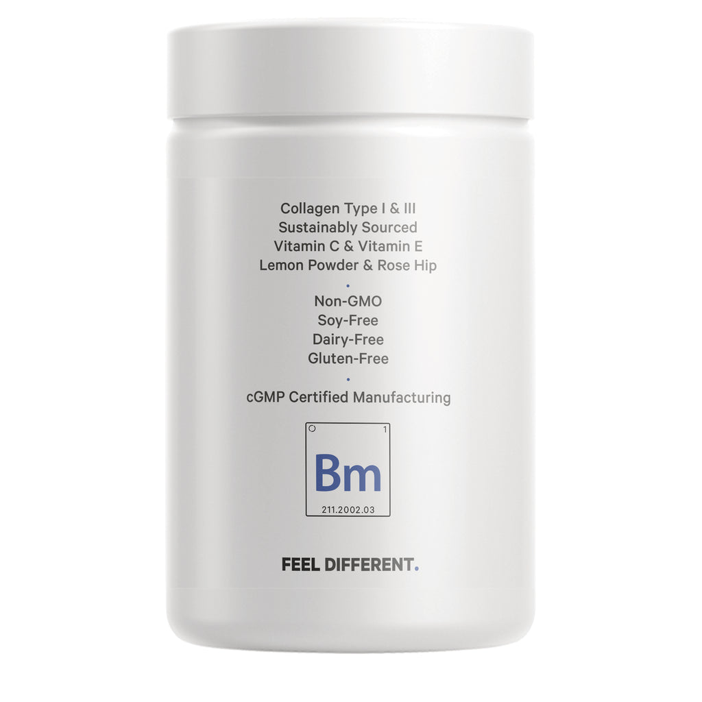 CDG027 | Back label of white supplement jar listing Collagen Type I & III, Non-GMO, soy-free, dairy-free, gluten-free - Thumbnail