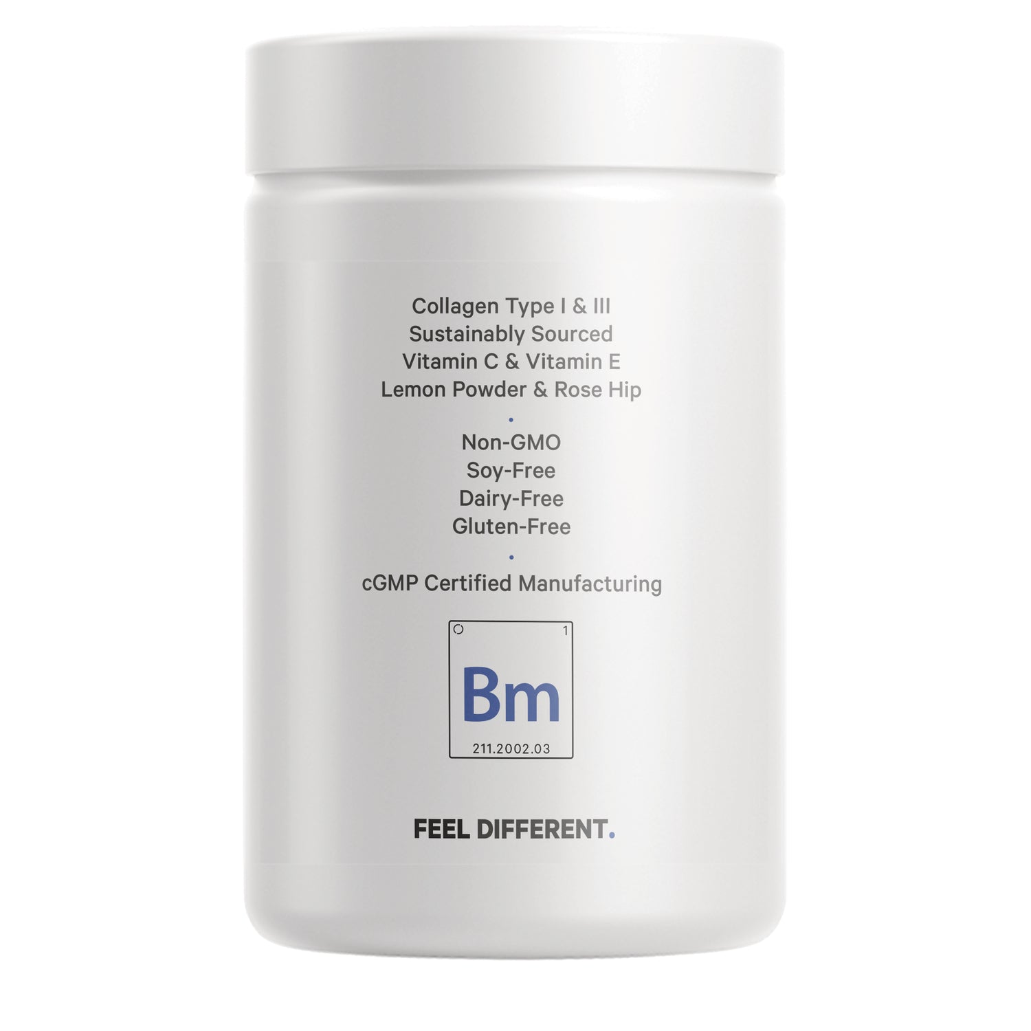 CDG027 | Back label of white supplement jar listing Collagen Type I & III, Non-GMO, soy-free, dairy-free, gluten-free