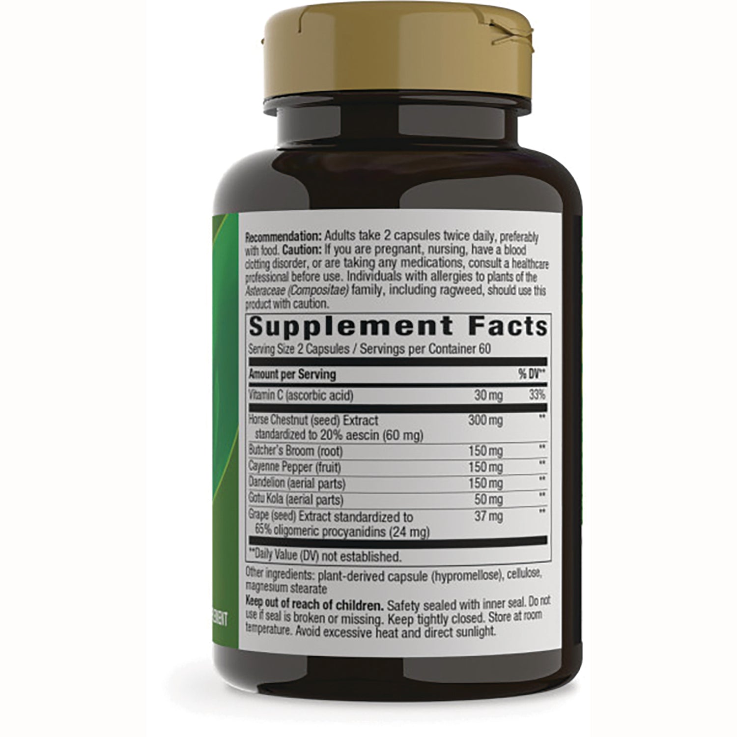 NW831 | back of brown supplement bottle showing Supplement Facts panel and usage cautions