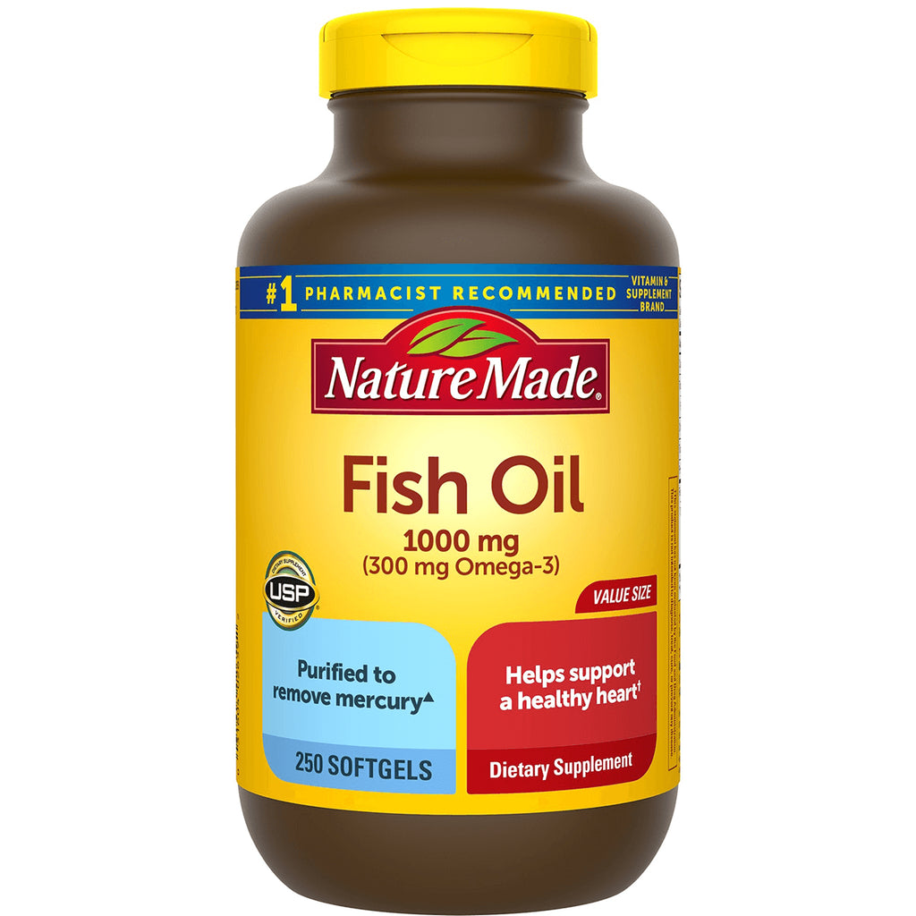 NTM034 | Nature Made Fish Oil 1000 mg bottle front label, 300 mg Omega-3, 250 softgels - Thumbnail