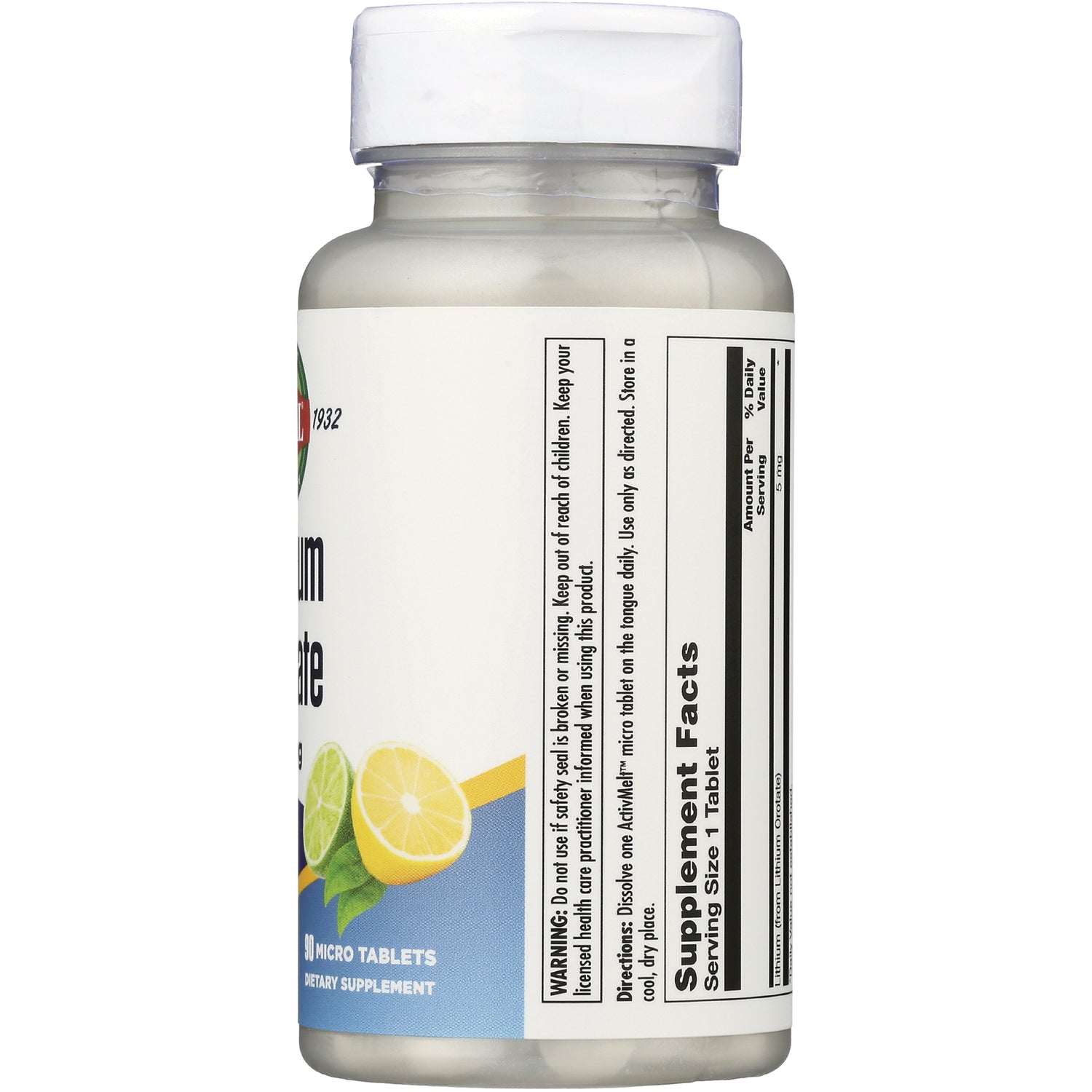 KL556 | Back of white supplement bottle showing Supplement Facts panel and lemon graphic
