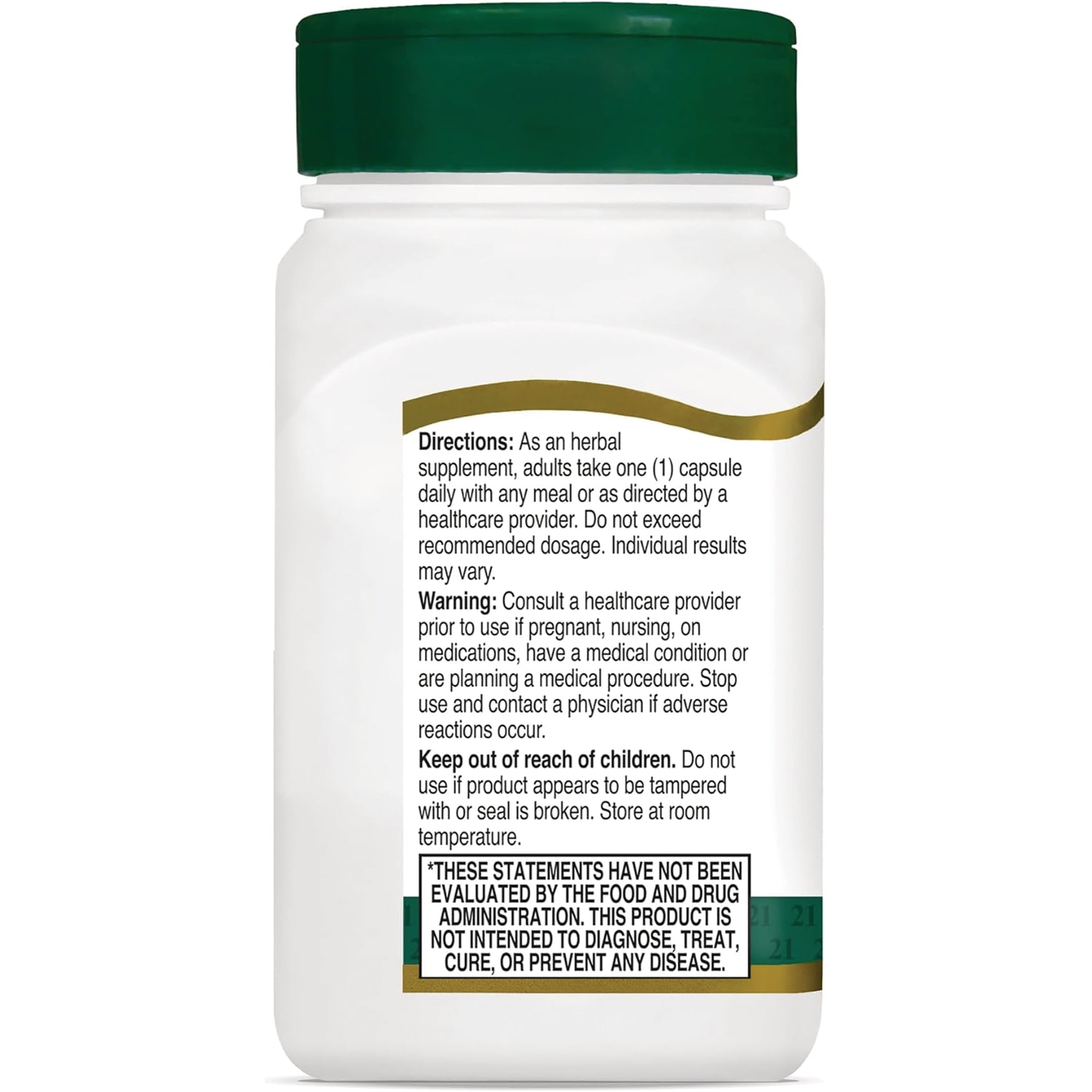 CNT291 | Back label of white supplement bottle showing directions, warnings, keep out of reach of children notice, and FDA disclaimer