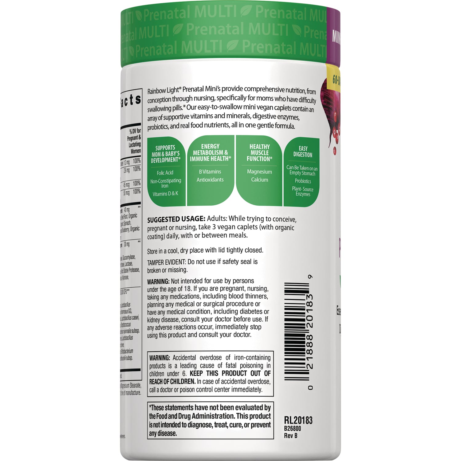 RBL176 | Back label of prenatal multivitamin bottle showing suggested usage, warnings, and barcode