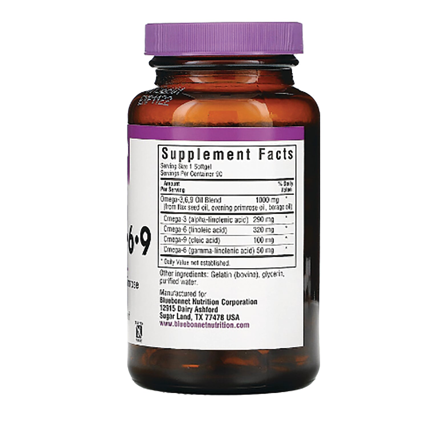 BLU110 | amber supplement bottle back showing Supplement Facts label, ingredient list, and manufacturer details