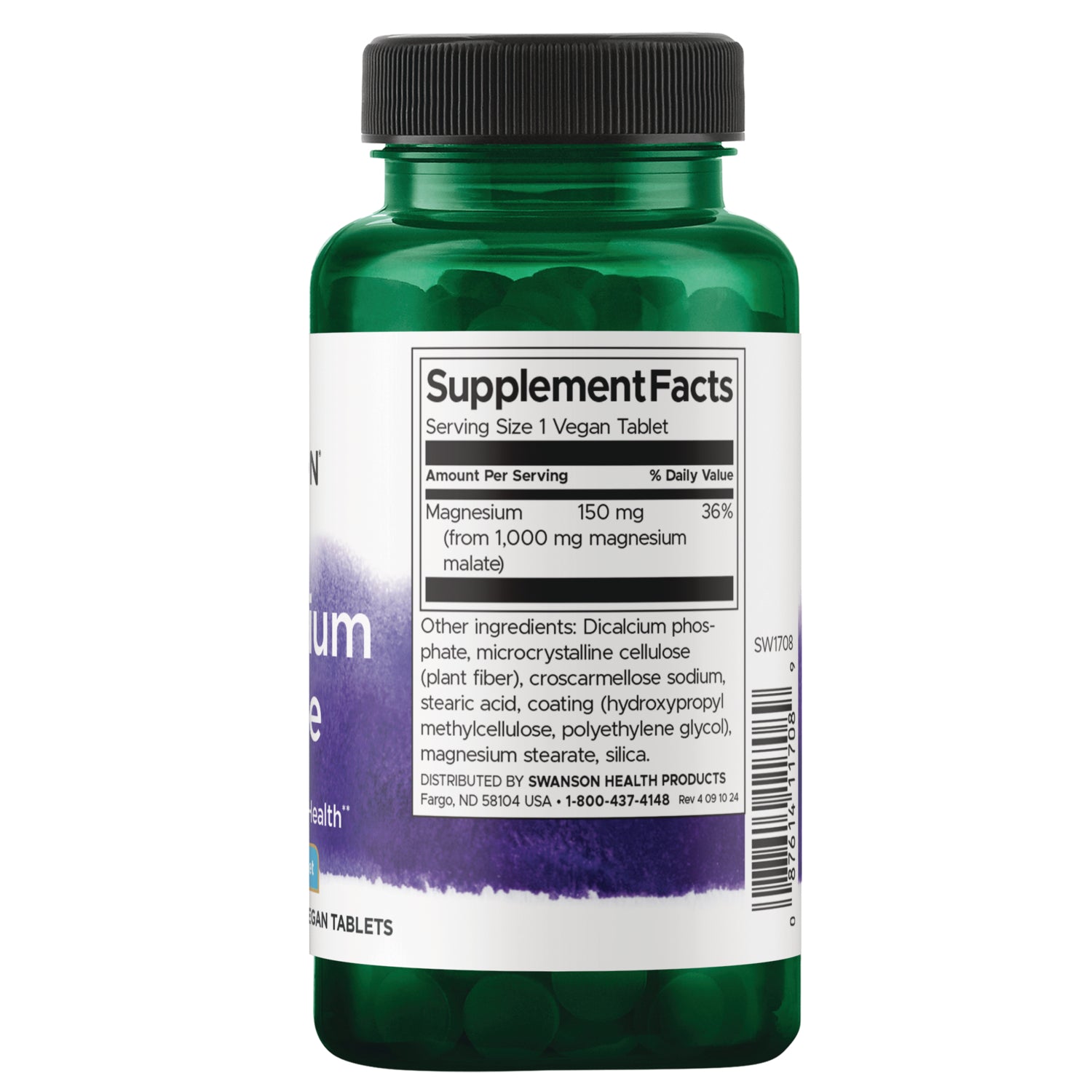 SW1708 | Supplement Facts panel: Magnesium 150 mg (from magnesium malate), 36% Daily Value