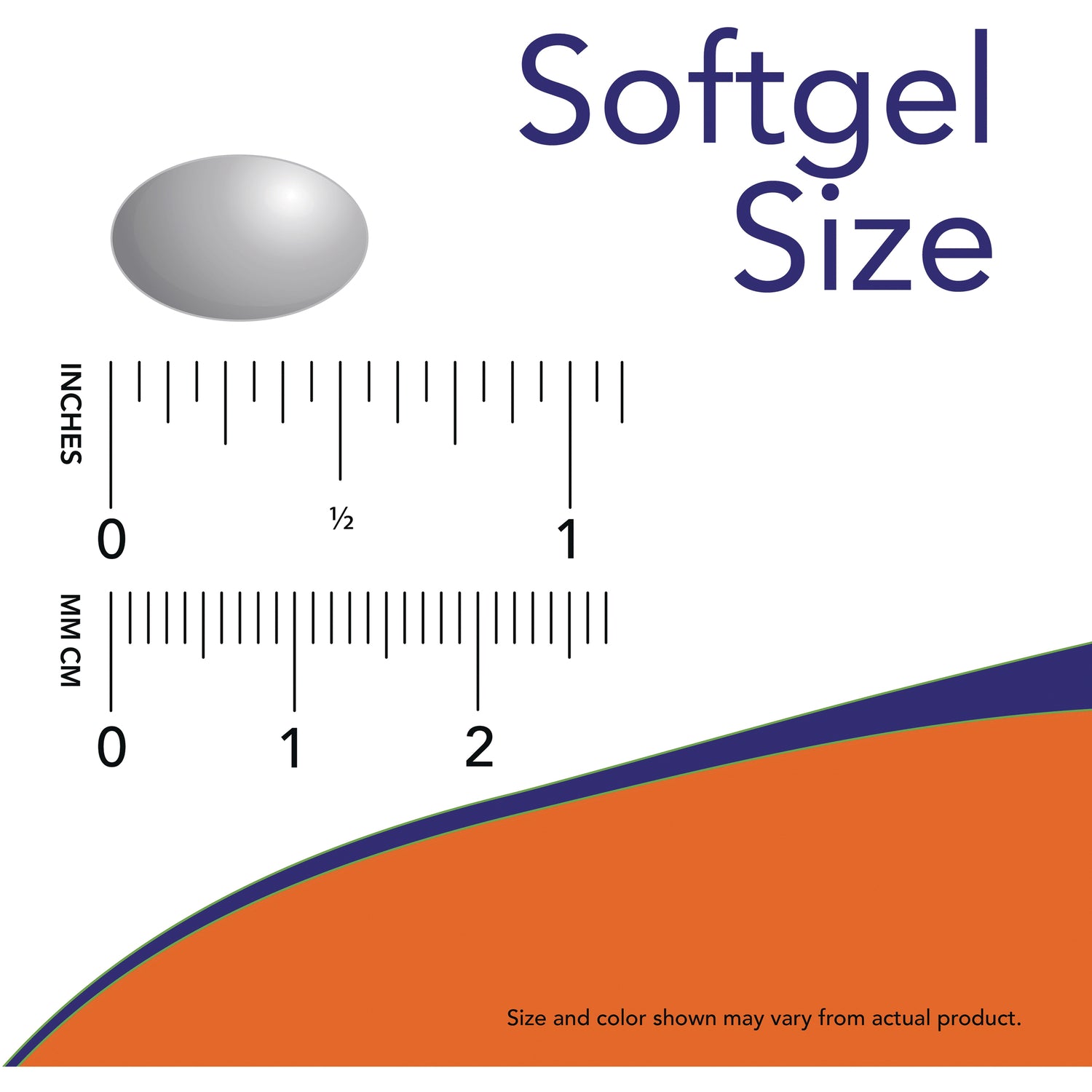 NWF1041 | softgel size diagram with single gray softgel and inch and millimeter rulers
