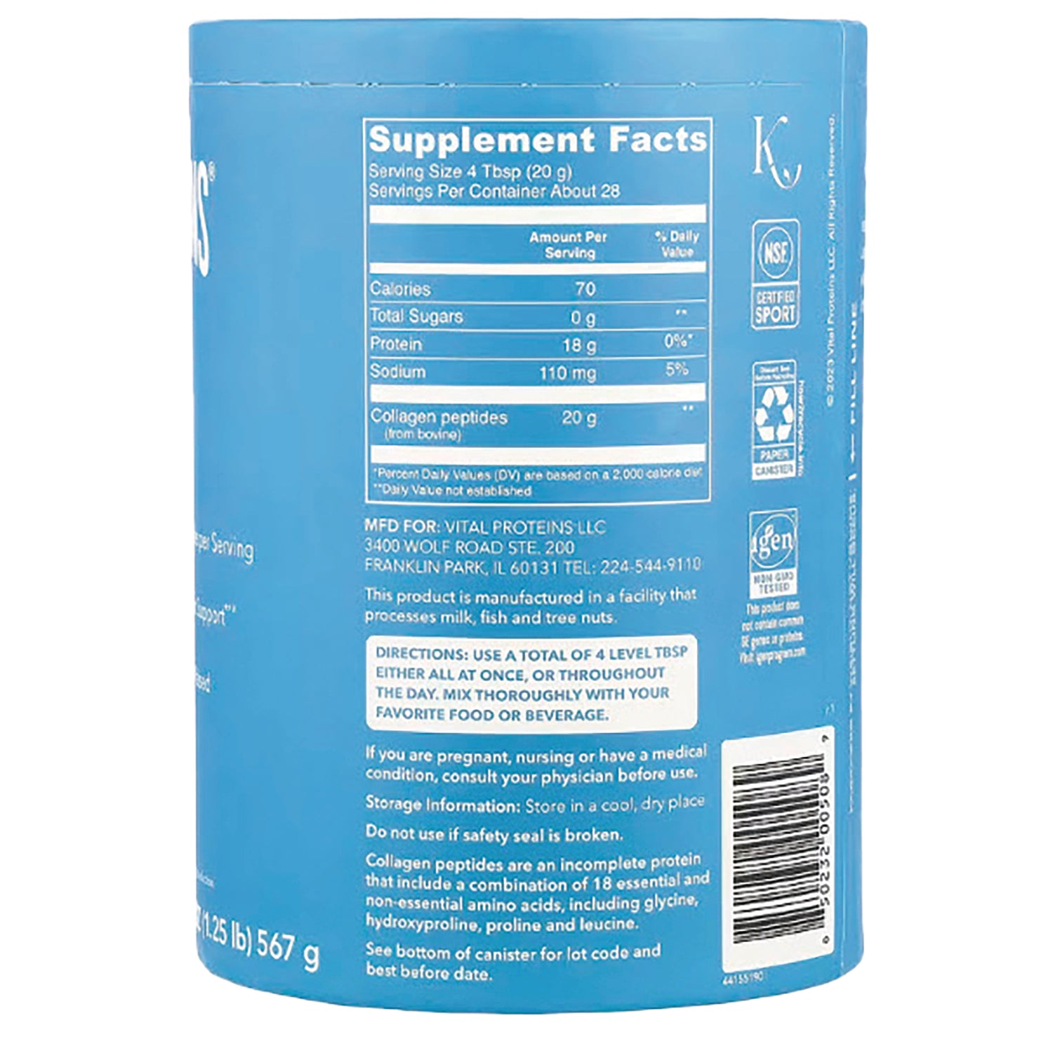 VPR002 | Back label showing Supplement Facts, directions, and barcode on blue collagen peptides canister