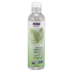 NWF1405 | NOW Solutions certified organic vegetable glycerine bottle 8 fl oz, green label with palm leaf and USDA Organic and Non-GMO badges