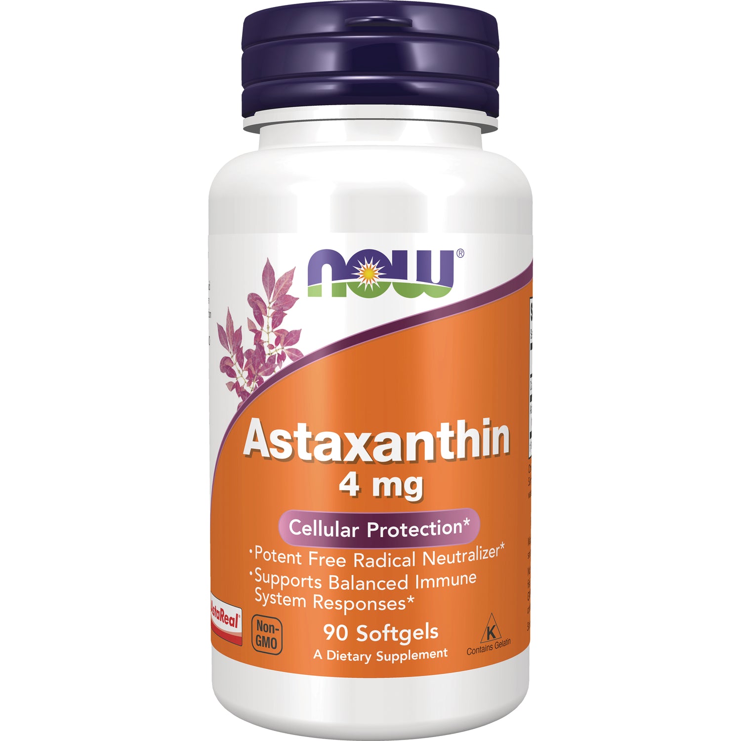 NWF1126 | NOW Astaxanthin 4 mg white bottle with orange front label, 90 softgels
