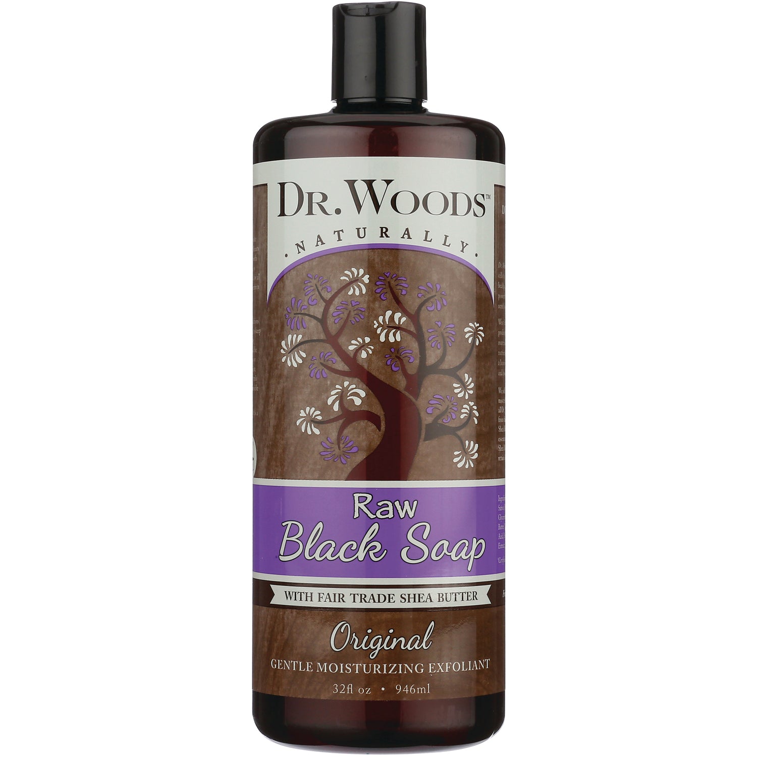 DRW005 | Dr. Woods Raw Black Soap 32 fl oz brown bottle with purple label reading Raw Black Soap