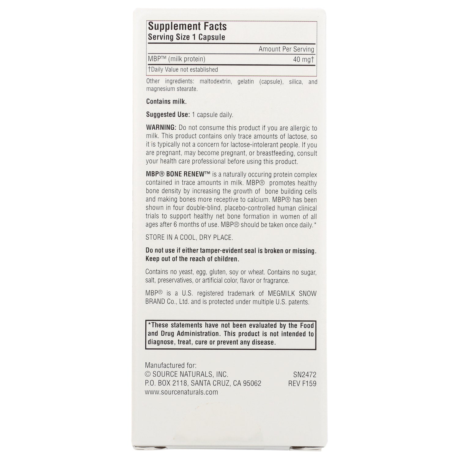 SN548 | Back label with Supplement Facts, suggested use, warning, and ingredients; serving size 1 capsule