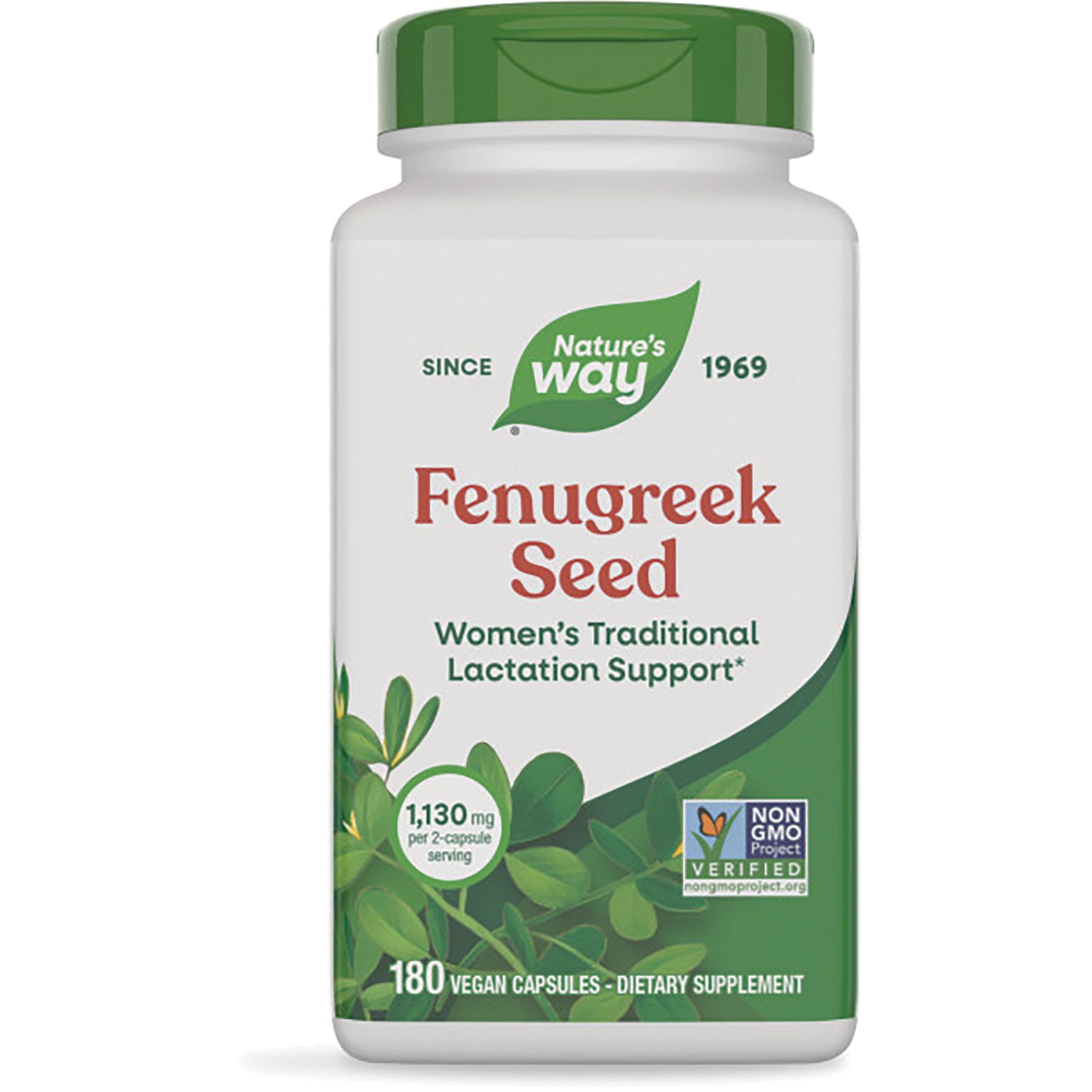 NW599 | Nature's Way Fenugreek Seed dietary supplement bottle front label, 180 vegan capsules