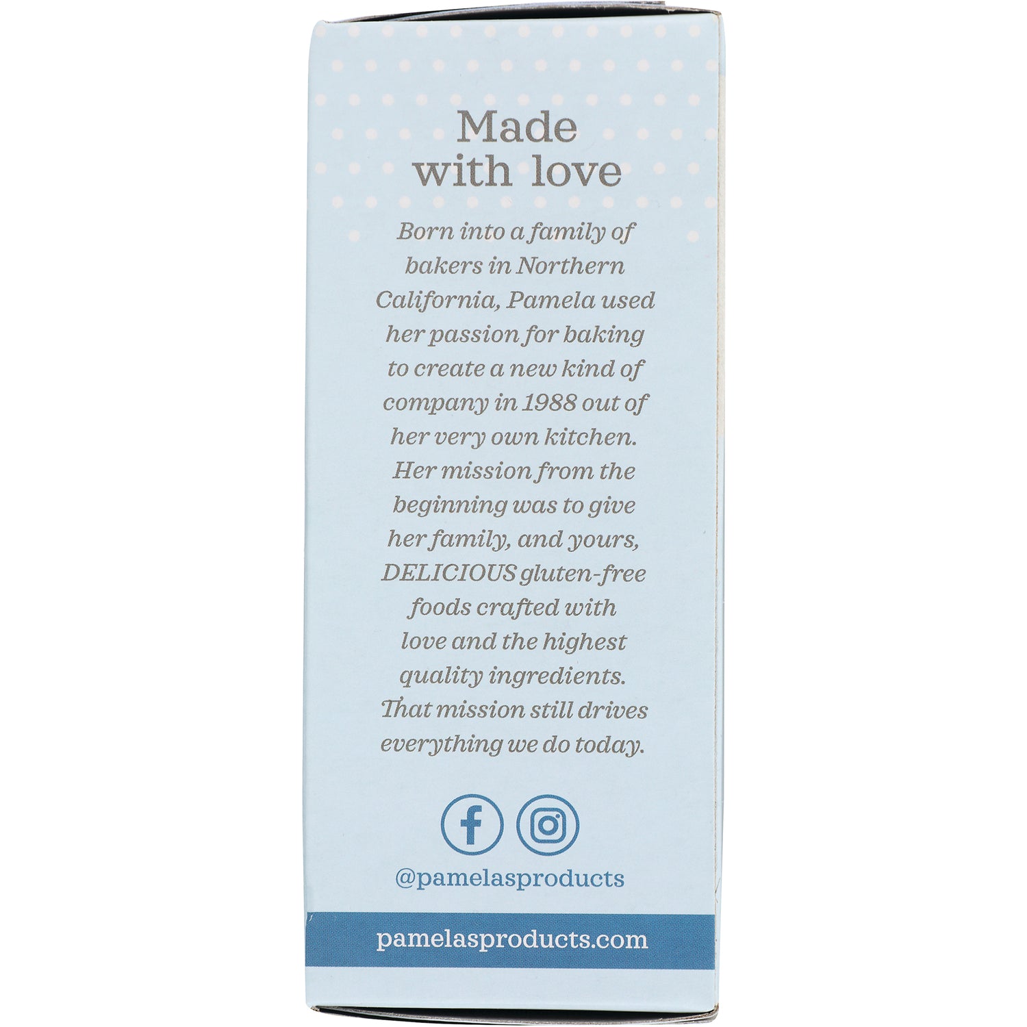 PAM014 | back of light blue Pamela's box with Made with love story text and social icons