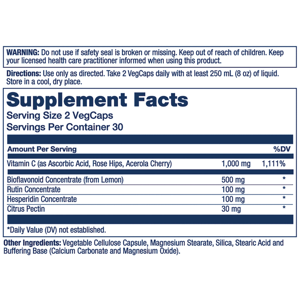 SLR404 | Supplement Facts panel showing Serving Size 2 VegCaps, Vitamin C 1,000 mg, Bioflavonoid 500 mg, other ingredients - Thumbnail