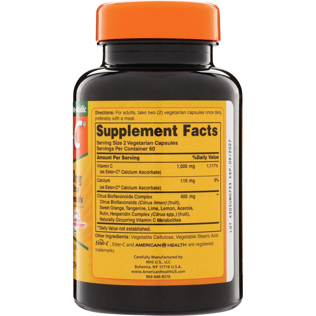 AM118 | Supplement Facts panel and directions for Ester-C Vitamin C bottle, serving size 2 vegetarian capsules - Thumbnail