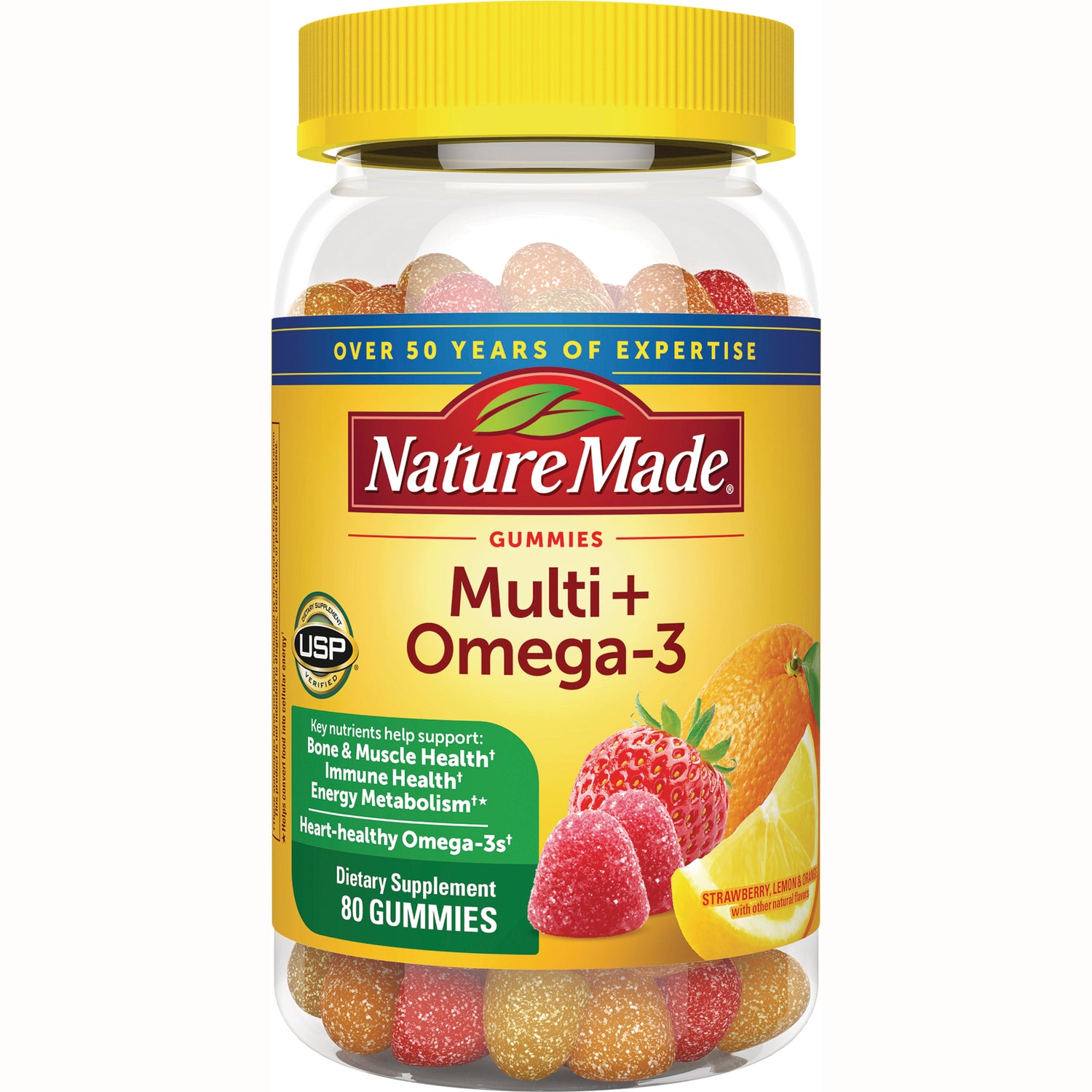 NTM167 | Nature Made Multi+ Omega-3 gummy bottle with strawberries and orange slice, 80 gummies