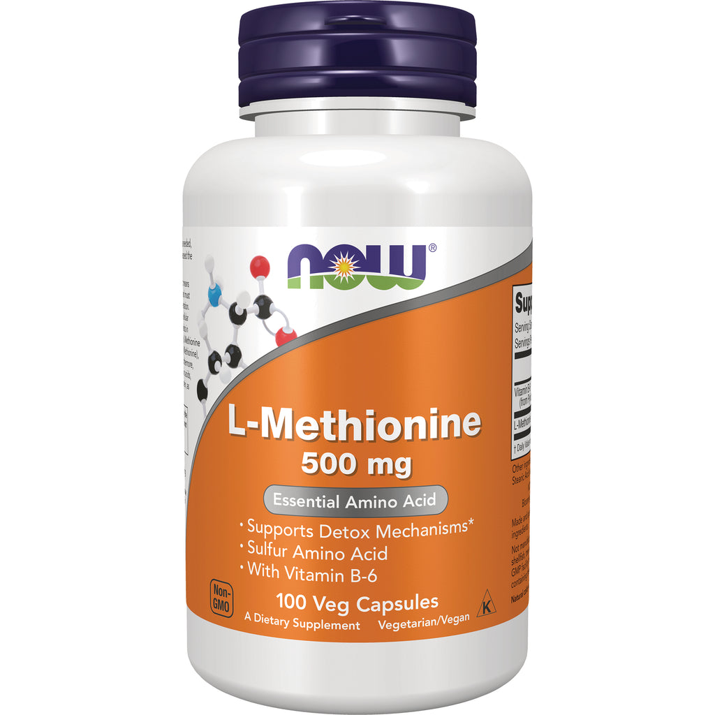 NWF833 | NOW L-Methionine 500 mg white bottle with orange label, 100 veg capsules - Thumbnail