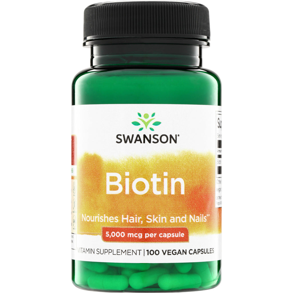 SW877 | Swanson Biotin, 5,000 mcg per capsule, 100 vegan capsules; Nourishes Hair, Skin and Nails - Thumbnail
