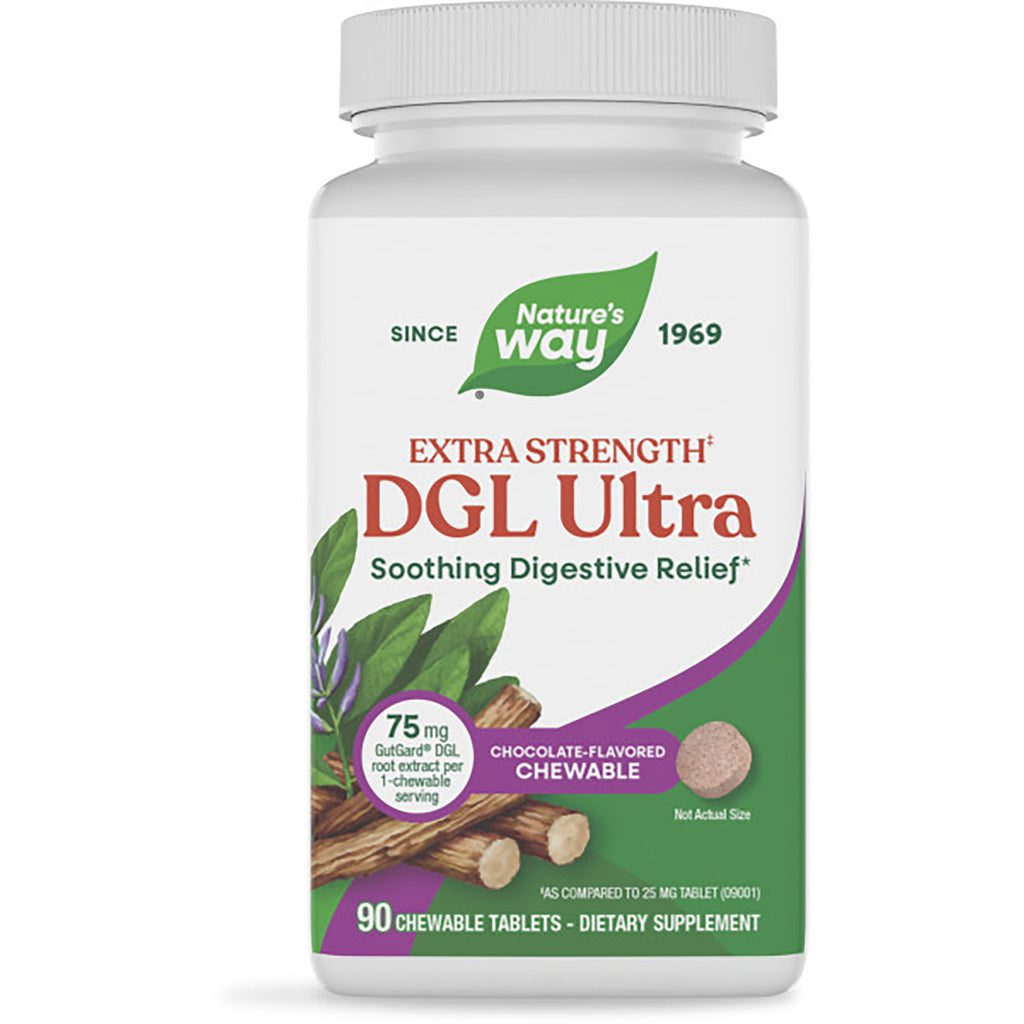 ET360 | Brown supplement bottle labeled Nature's Way DGL Ultra Extra Strength, 90 chewable tablets - Thumbnail