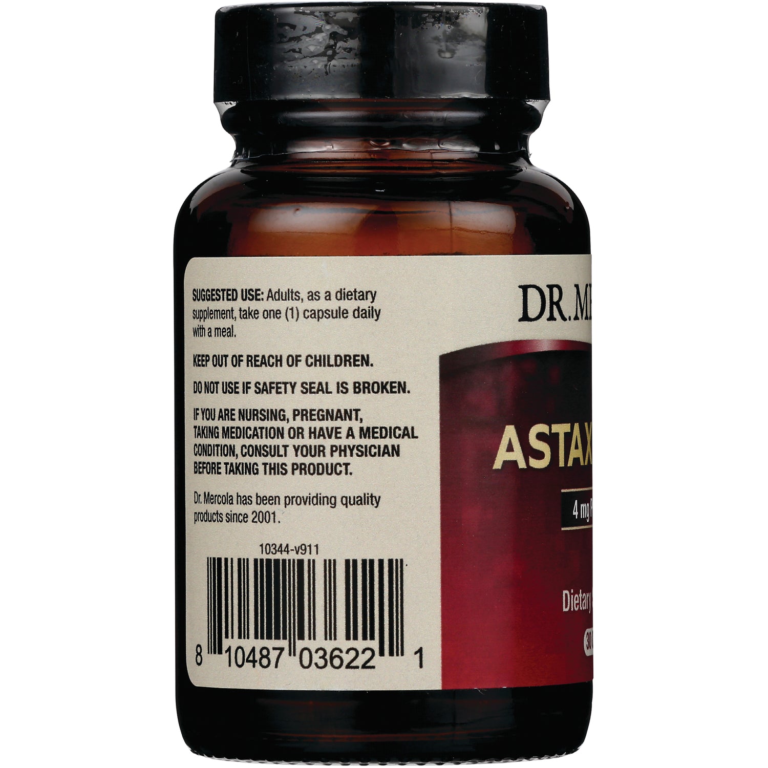 MRC107 | Back of amber supplement bottle showing safety instructions KEEP OUT OF REACH OF CHILDREN and barcode