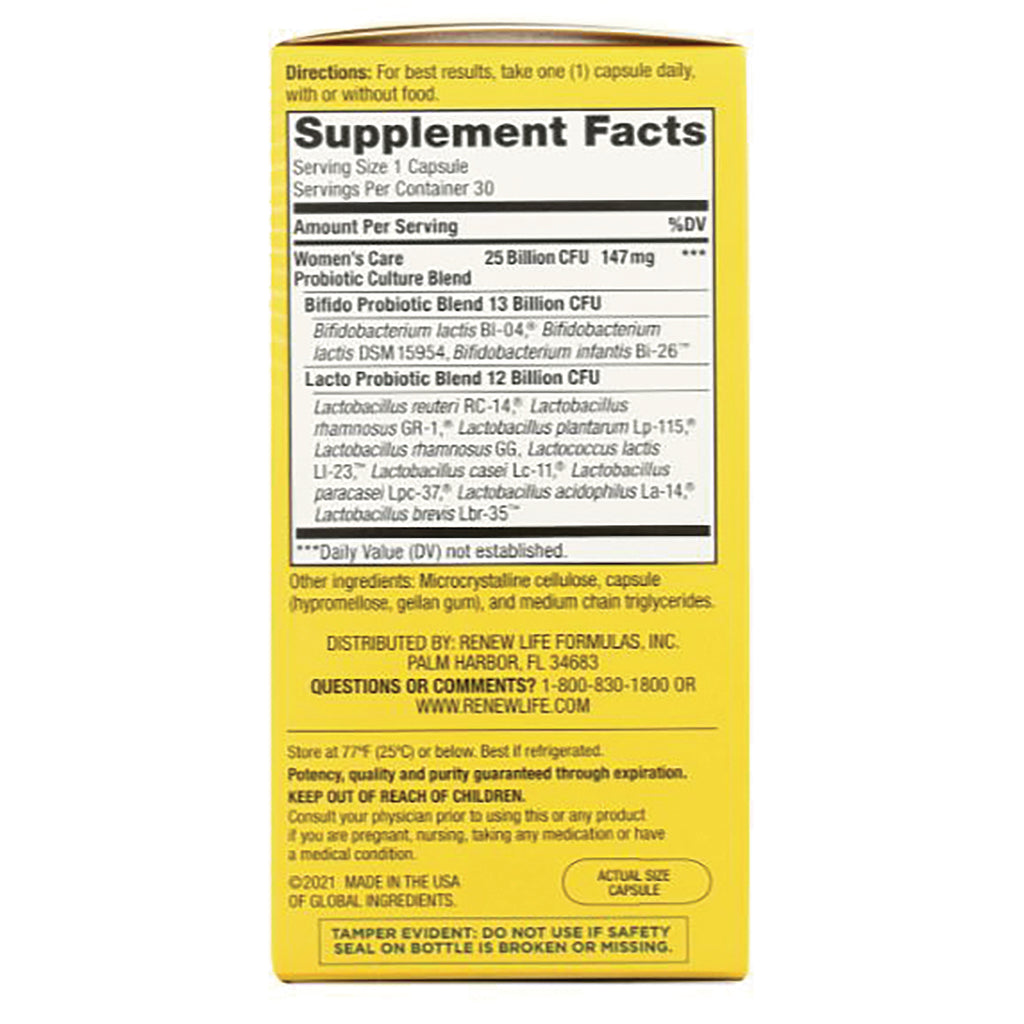 RNL219 | Back of yellow supplement box showing Supplement Facts panel, serving size, probiotic blends and directions - Thumbnail