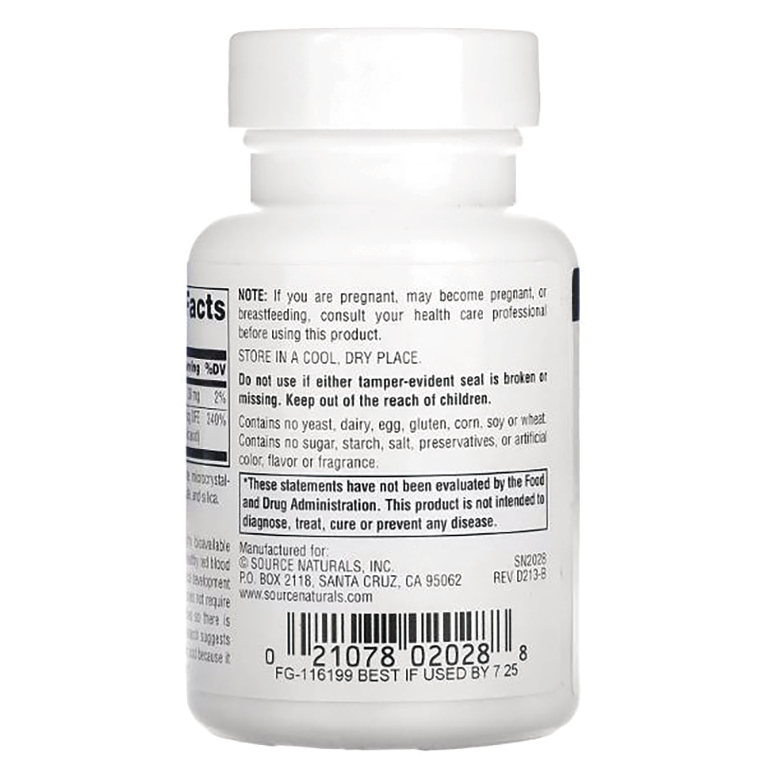SN373 | Supplement bottle back label with warnings, FDA disclaimer, ingredients info, barcode, and best if used by date