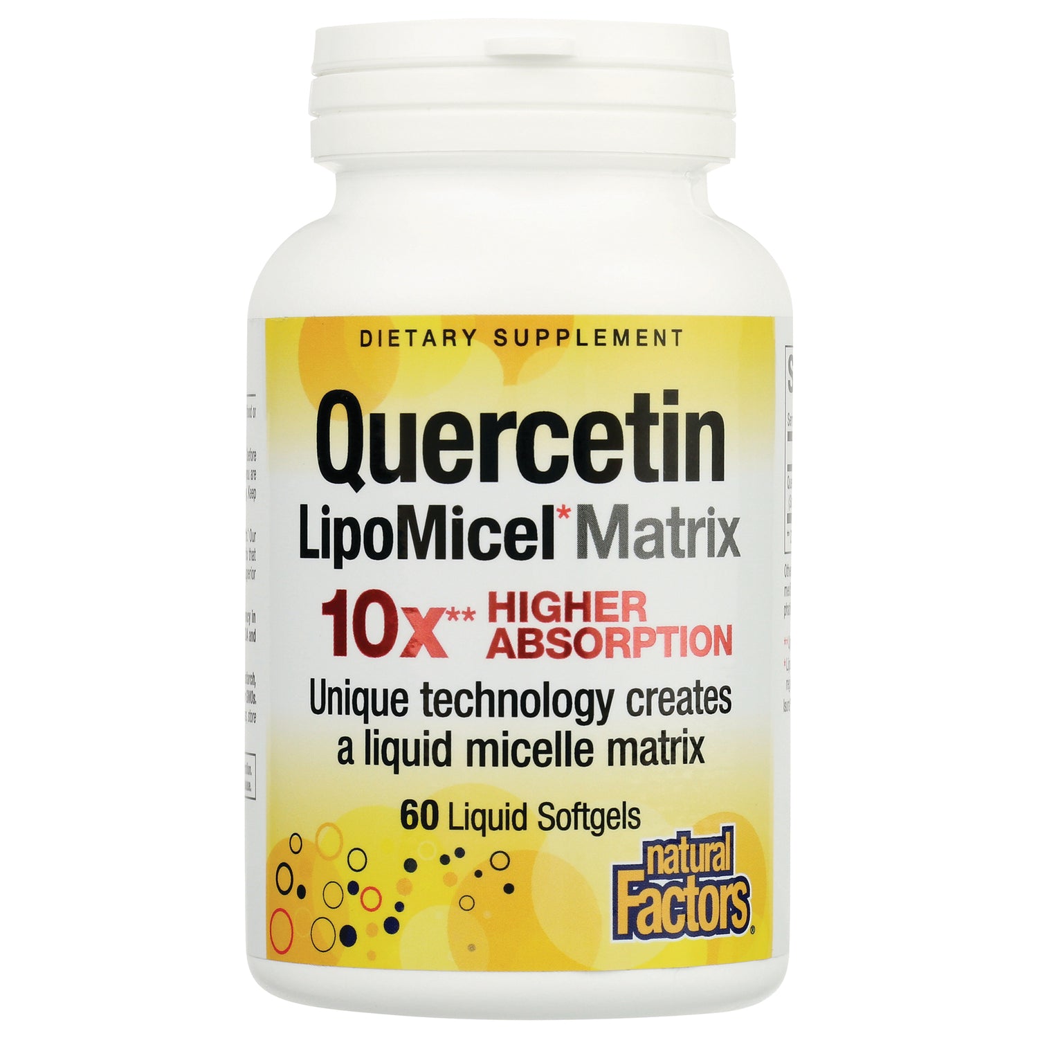 NFC185 | White bottle labeled Quercetin LipoMicel Matrix 10x higher absorption 60 liquid softgels, Natural Factors branding