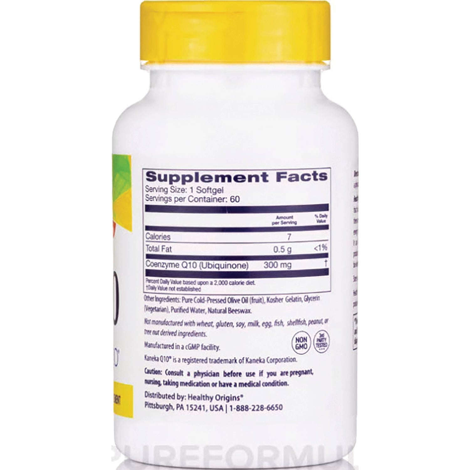 Bottle back showing Supplement Facts panel listing Coenzyme Q10 (Ubiquinone) 300 mg, serving size and ingredients