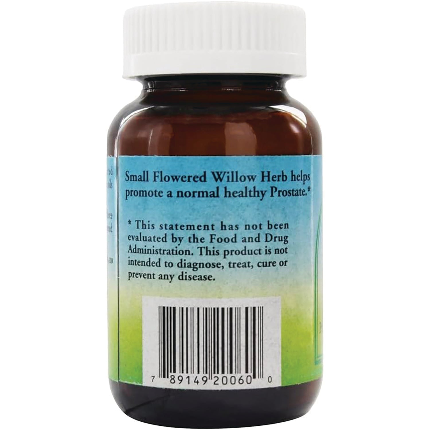 PNA003 | Back of amber supplement bottle showing label text about Small Flowered Willow Herb, disclaimer and barcode