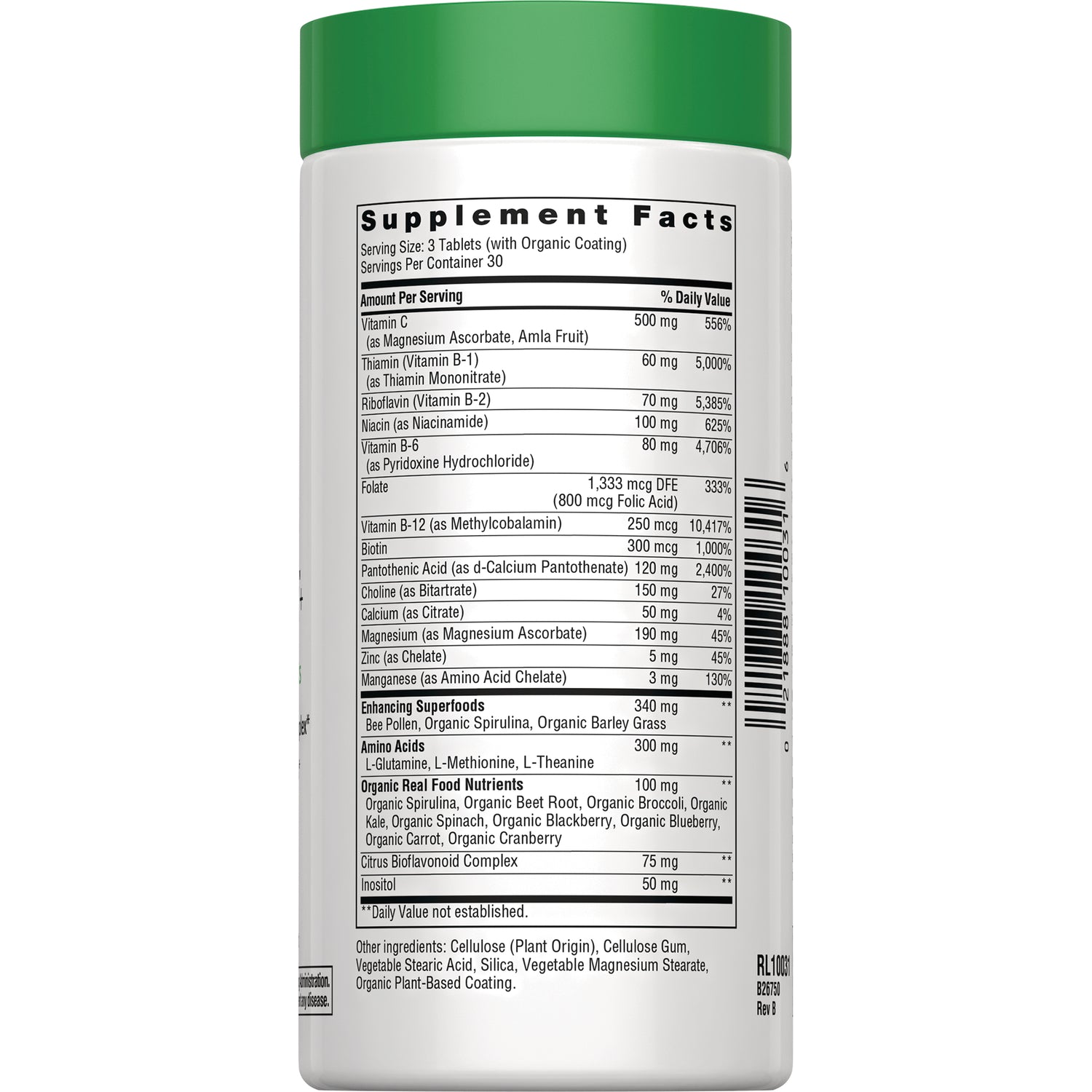 RBL174 | Back of white supplement bottle showing Supplement Facts panel, ingredient list and barcode, green lid