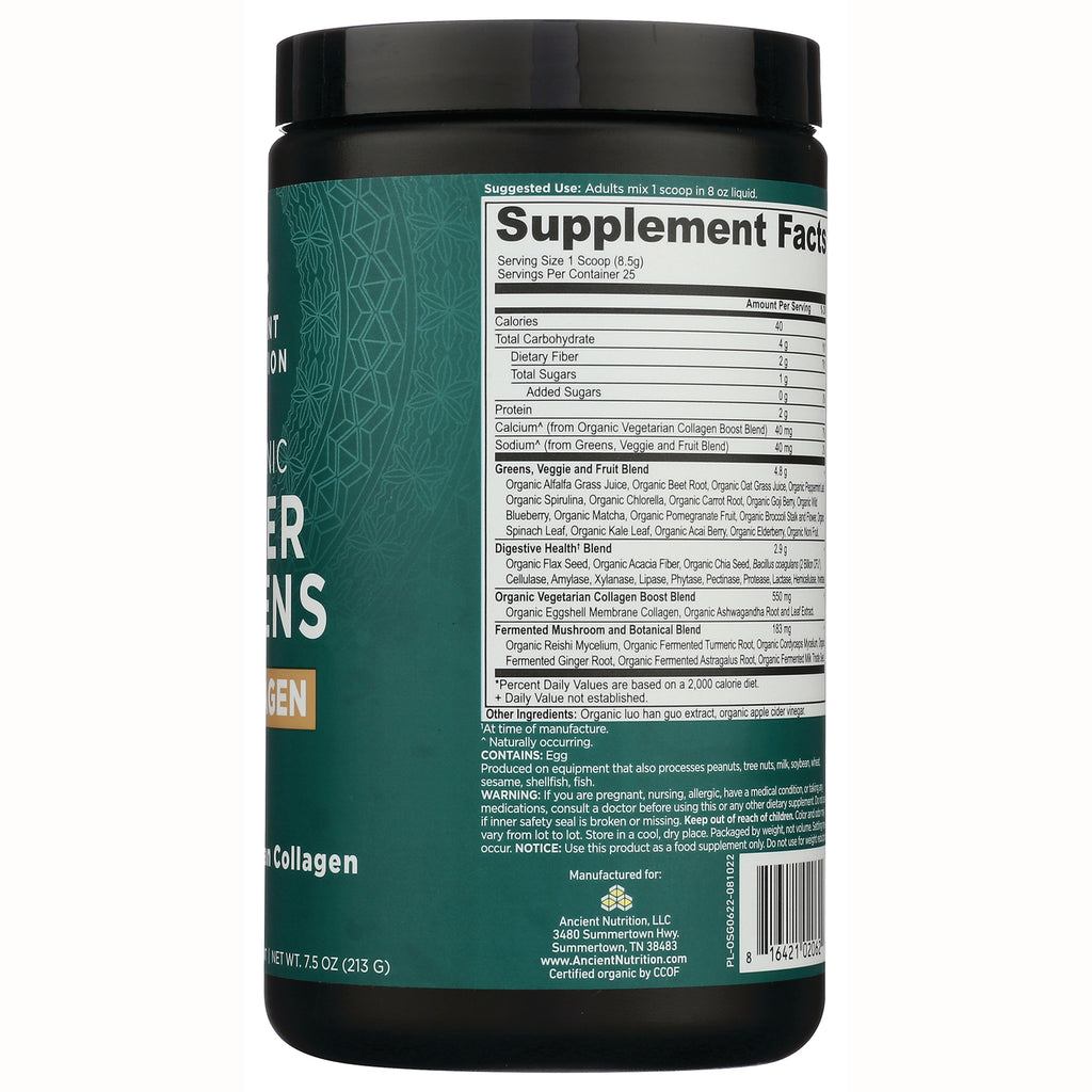 ATN114 | Back label showing Supplement Facts panel, ingredient list and barcode on green collagen powder jar - Thumbnail