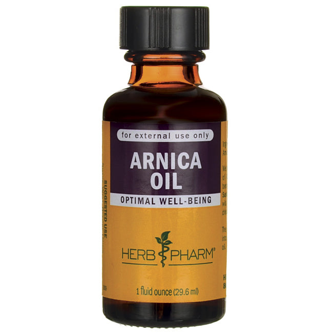 HPH002 | 1 fl oz amber glass bottle of Arnica Oil with black cap labeled Herb Pharm for external use only