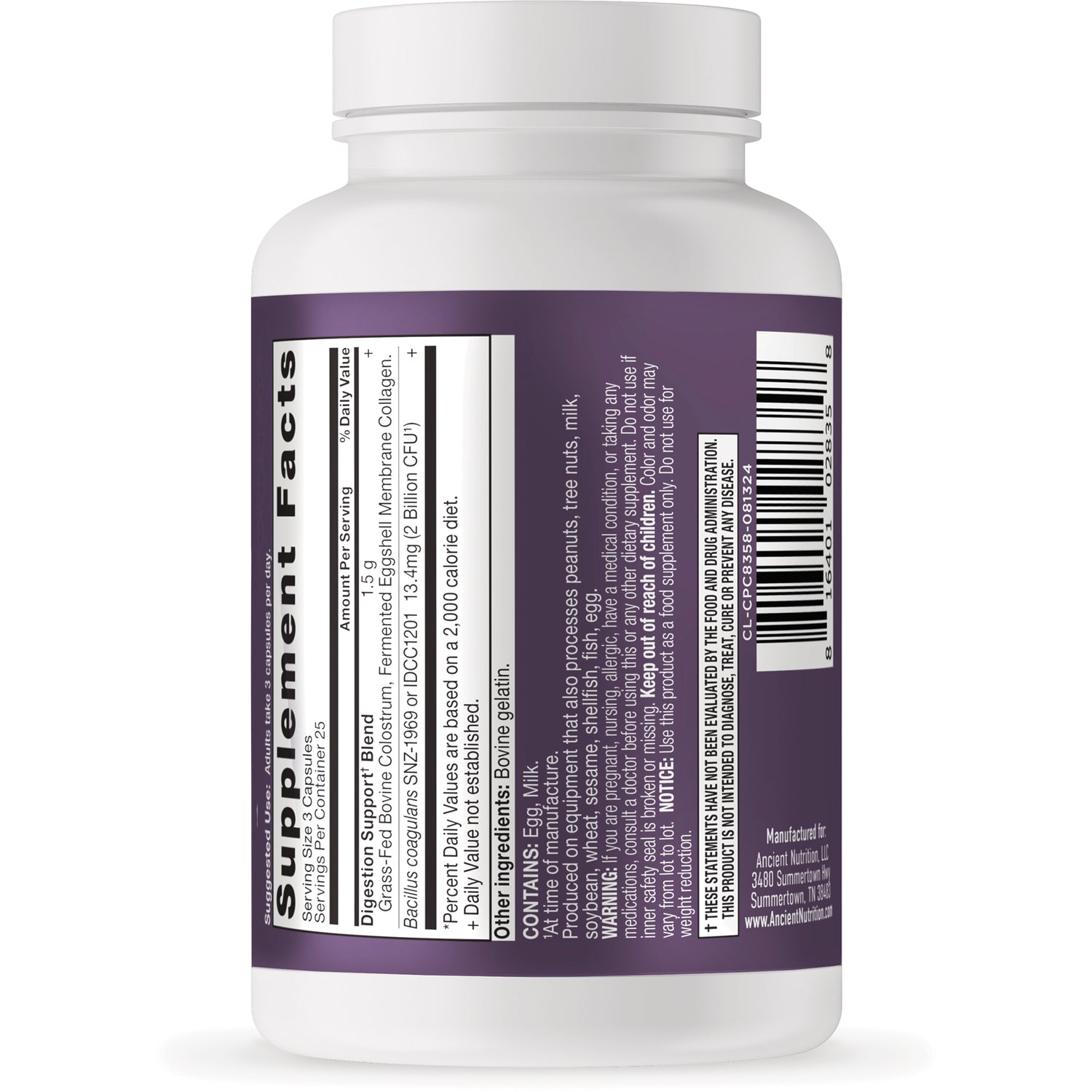 ATN147 | Back of white supplement bottle showing Supplement Facts panel, ingredient text and barcode